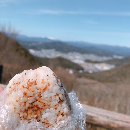 遠くに雪山の見える低山からおにぎりを頂きました(^-^) 外で食べる梅かつお、最高でしたよ♪